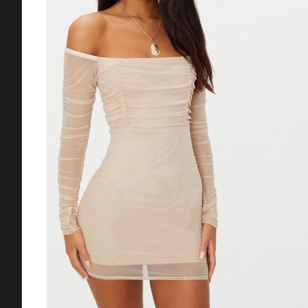 Stone Ruched Mesh Bardot Bodycon Dress